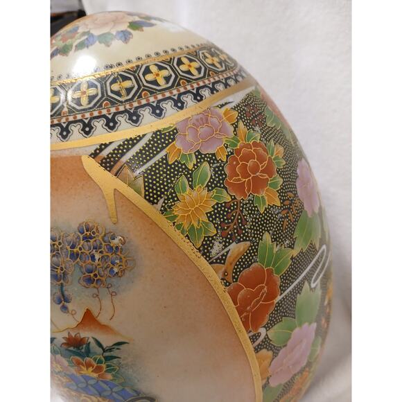 Vntg Huge Japanese Satsuma Egg Asian Decor Orient Hand Painted Cloisonne Floral - Picture 15 of 16